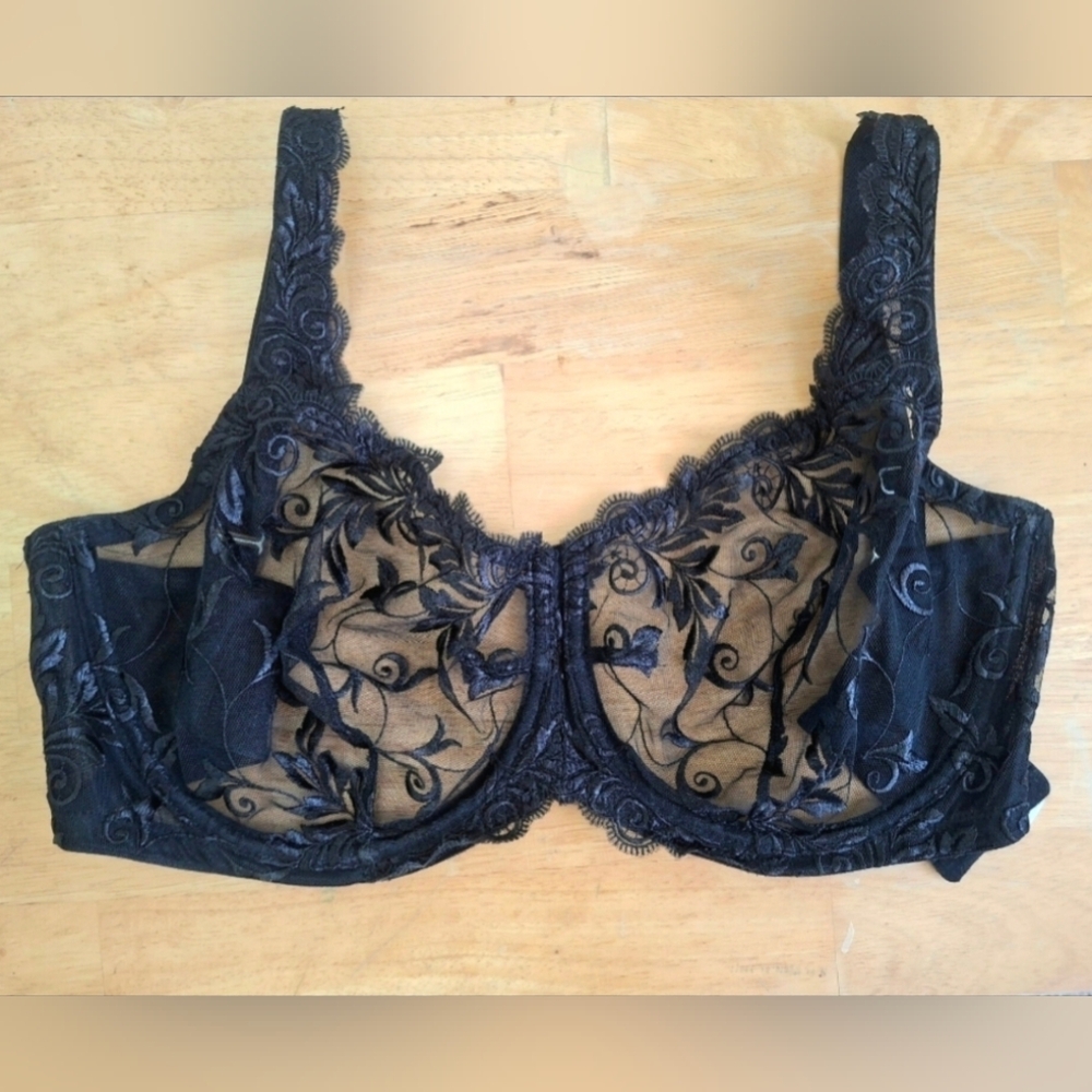 Soma Sensuous Lace Unlined Bra 36G Black Sheer Embroidered Sexy Underwire